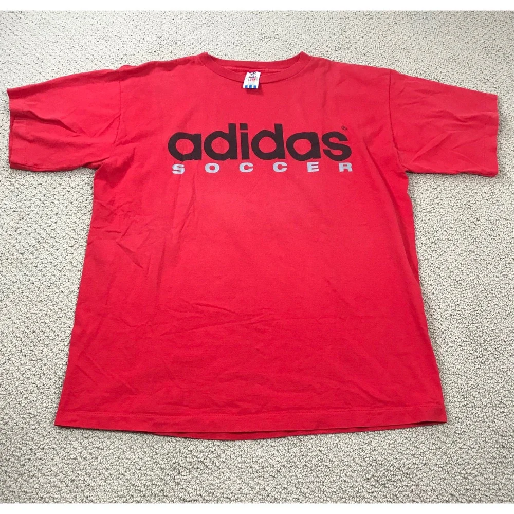 Vintage 90s Adidas Soccer T Shirt Red XL Made in USA Single Stitch Graphic Tee